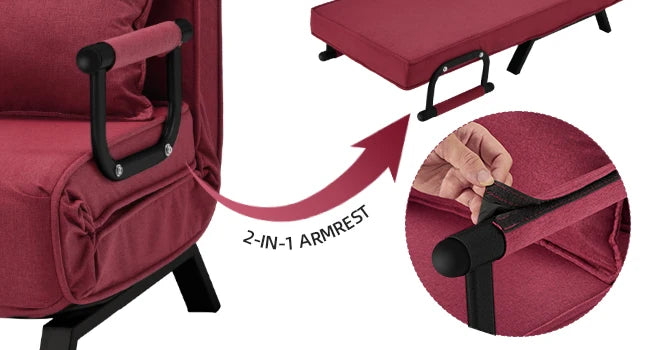 Convertible Chair, Tri-fold Upholstered Armchair Sleeper with Pillow