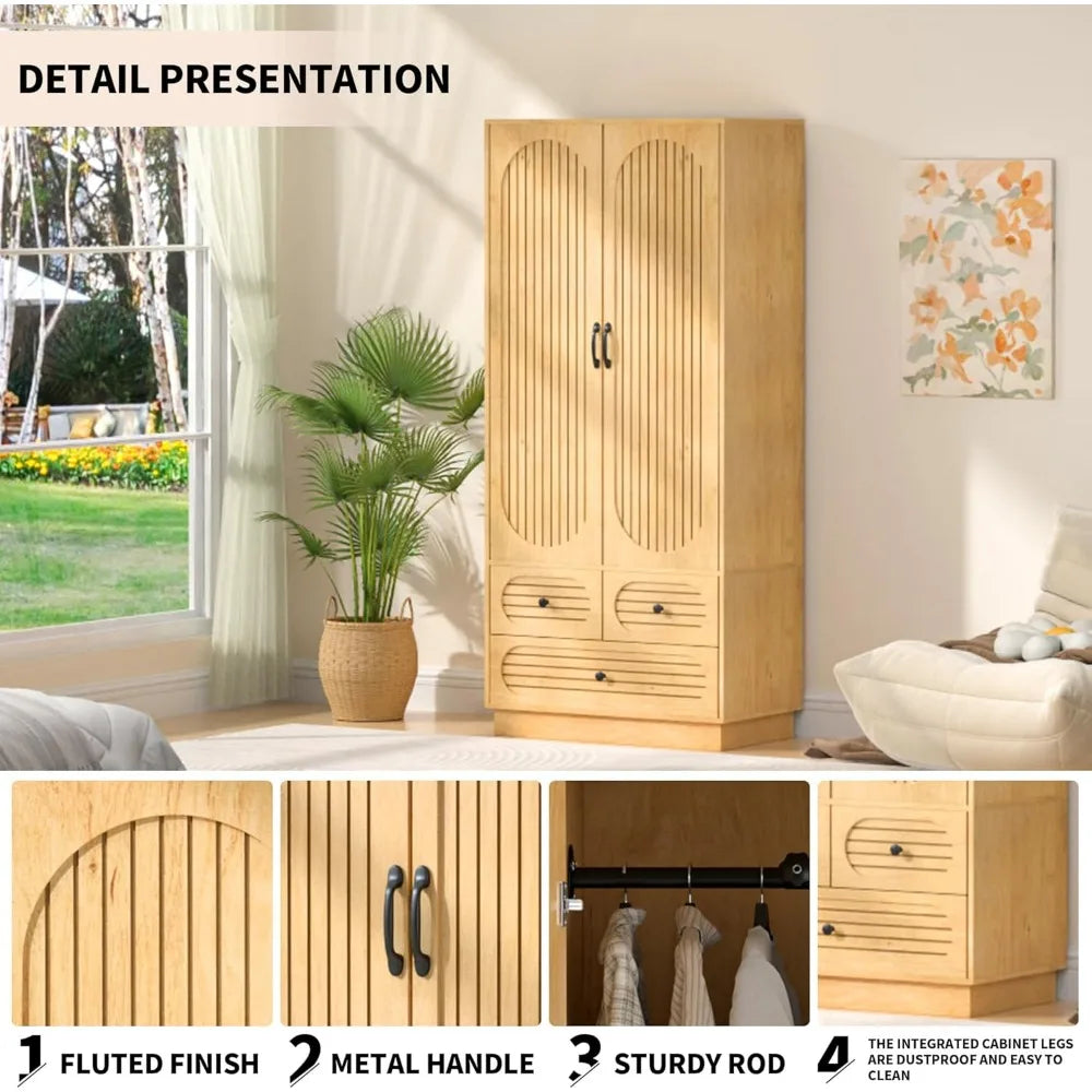 Wood Armoire Wardrobe Closet with Doors with 3 Drawers