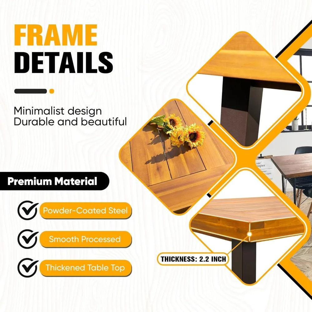 Dining Table for 6 Acacia Wood Indoor Outdoor Home Kitchen Table with Iron Legs Large Rectangular Patio Table for Deck,