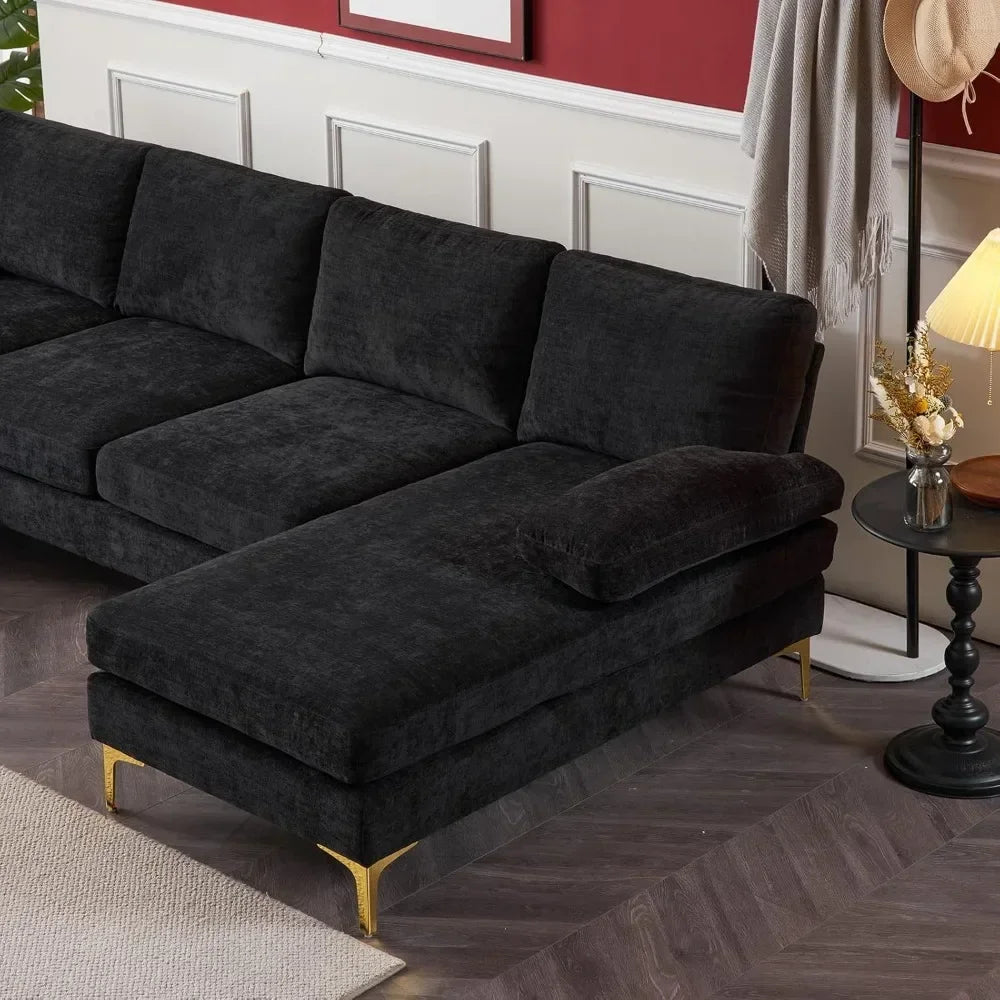 Sectional Sofa with Chaise Chenille Fabric Upholstered 4-Seat