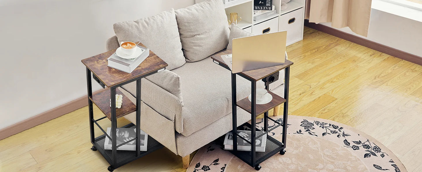 Redlife C Shaped End Table w/ Charging Station Side Table for Couch Sofa Table w/ Storage Shelf & Rolling Wheels for Small Space