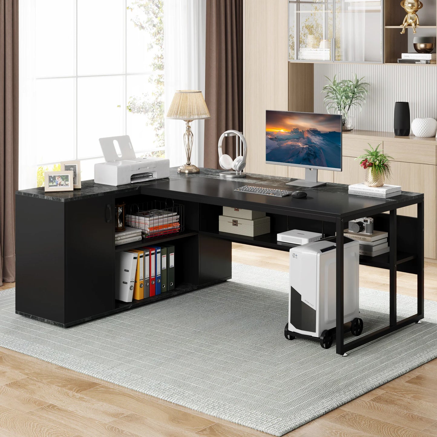 71 inch Executive Desk, L Shaped with Cabinet Storage