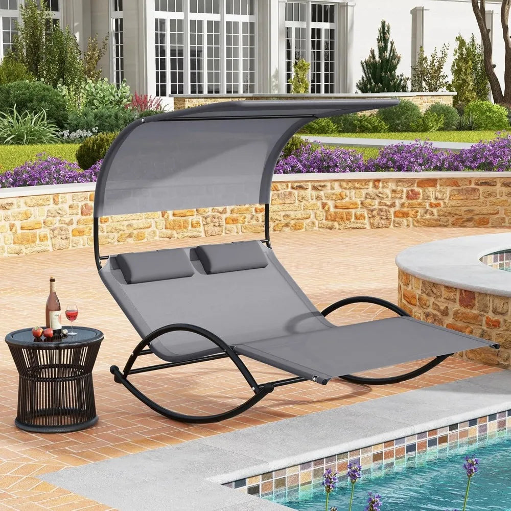 Outdoor Chaise Lounge Rocker, 2-Person Rocking Daybed Sun Lounger