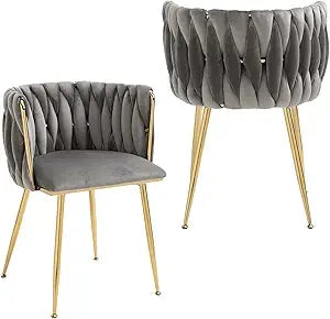 Velvet Dining Chairs Set of 2 Hand Weaving Side Chair