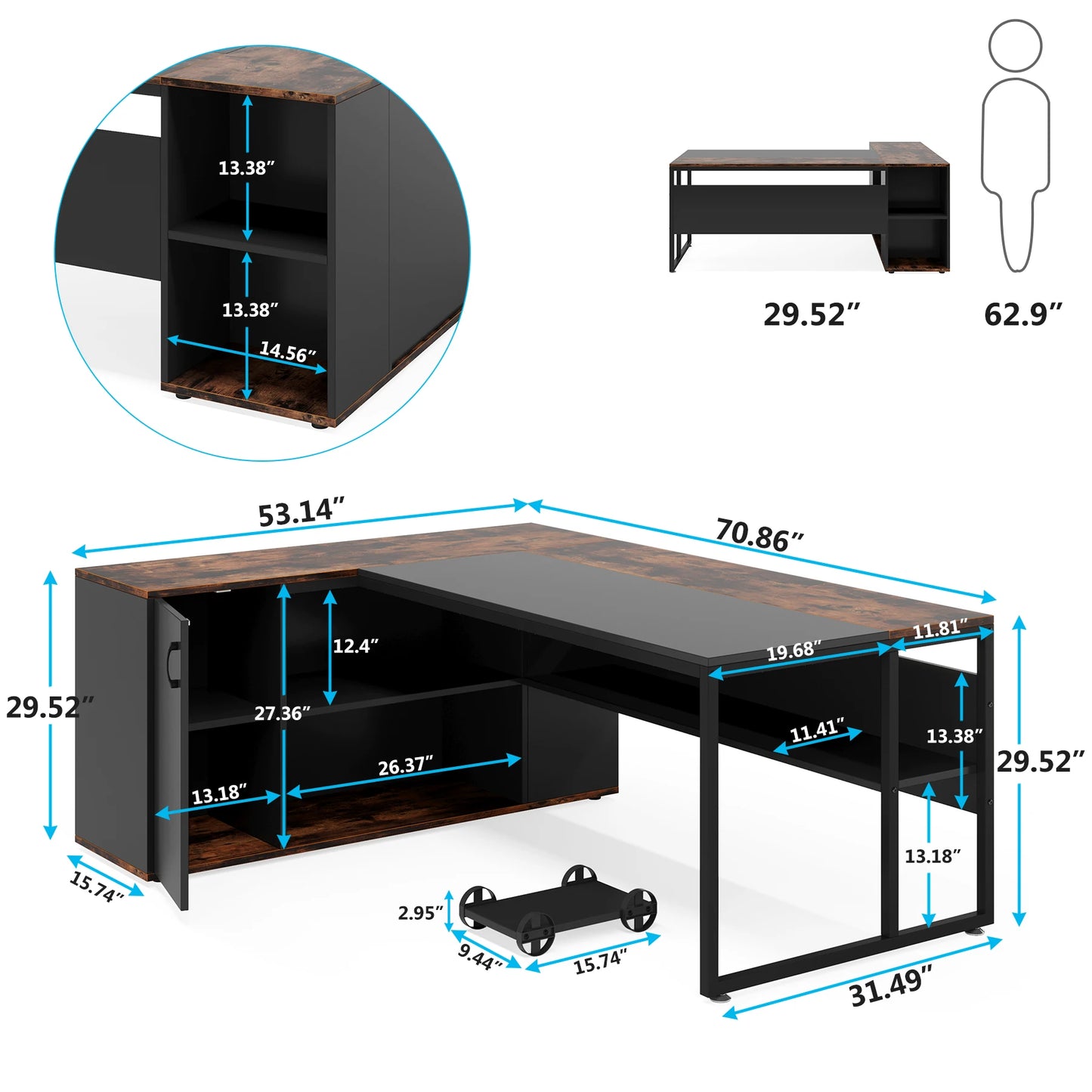71 inch Executive Desk, L Shaped with Cabinet Storage