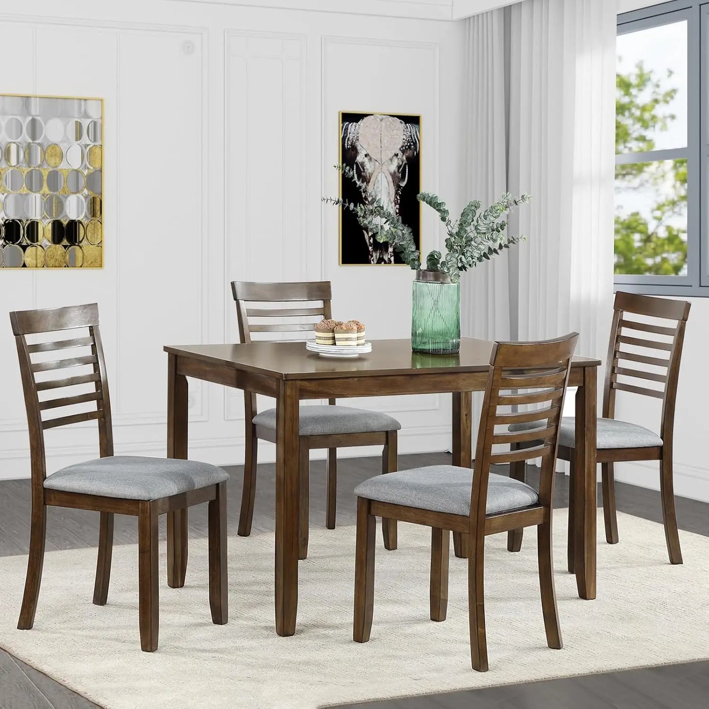 5-Piece Faux Marble Dining Table Set with Upholstered Chairs - Modern Rubber Wood Kitchen Table, 45.5" Stain-Resistant Family