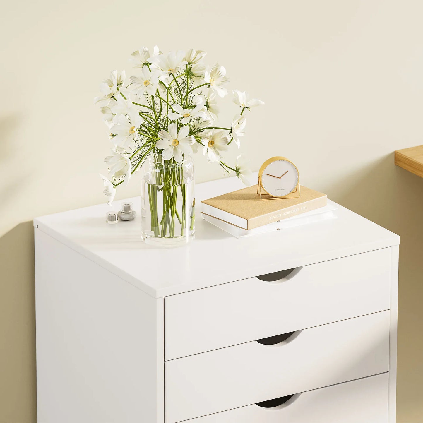 JHK Wood Nightstand Cabinet 5 Drawers Waterproof Surface Storage Organizer File Office Easy To Move Bedside Table Rotating Wheel