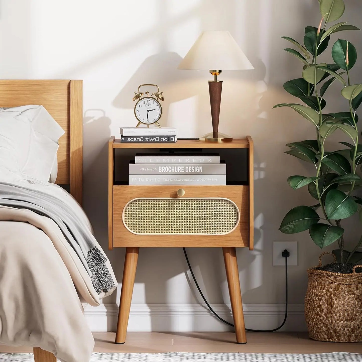 Night Stand Set 2, Mid Century Modern Nightstands,Bedside Table with Charging Station & Rattan Decor Drawer, Boho End Table