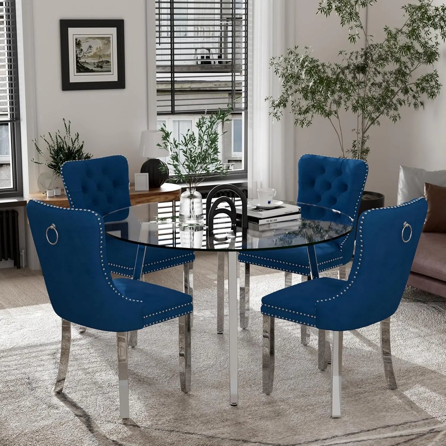5 Piece Luxury Round Glass Dining Set, Modern Minimalist Circle Kitchen Table Set for 4, 42'' Clear Circular Glass Top Dinner Ro