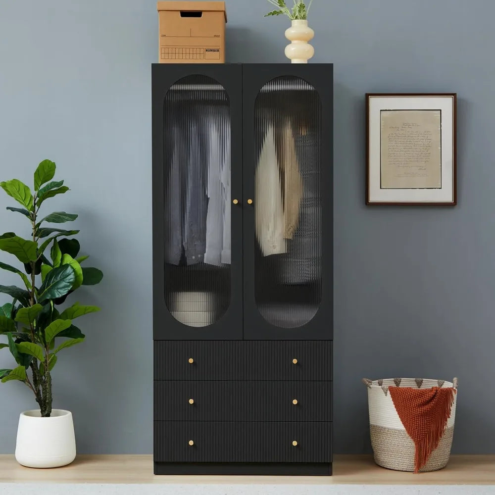 Wardrobe Closet with 3 Fluted Drawers and Hanging Rail