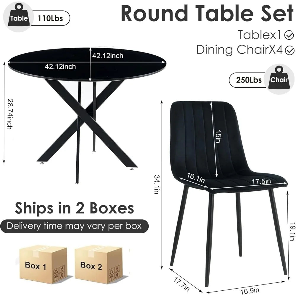 5 Piece Circle Dining Table Set for 4, 42 Inch Black Table & Velvet Upholstered Chairs With Sturdy Metal Legs, Round Kitchen