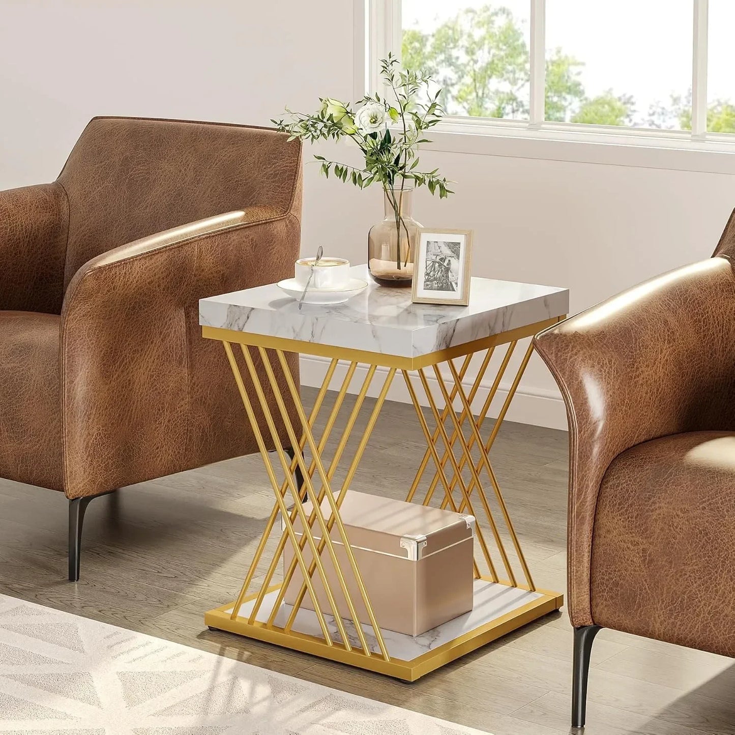 Square End Table White Gold 2-Tier Side Table Modern Small Bedside Table with Storage for Couch ( Faux Marble White+Gold)
