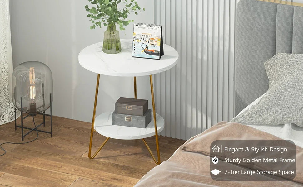 Tribesigns 2 Tier Faux Marble End Table Round Side Table with Shelves Small Coffee Accent Table for Living Room, White and Gold
