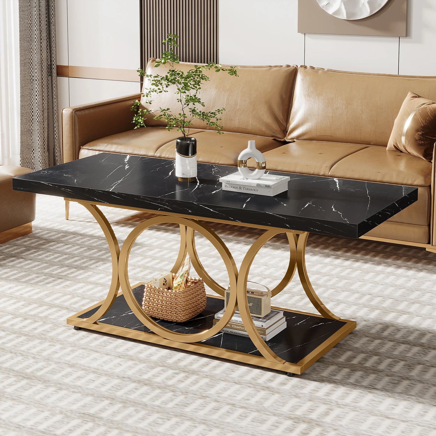 Tribesigns Rectangle Coffee Table, 47.24-inch Modern Coffee Tables for Living Room, 2-Tier Faux Marble Wood Coffee Table