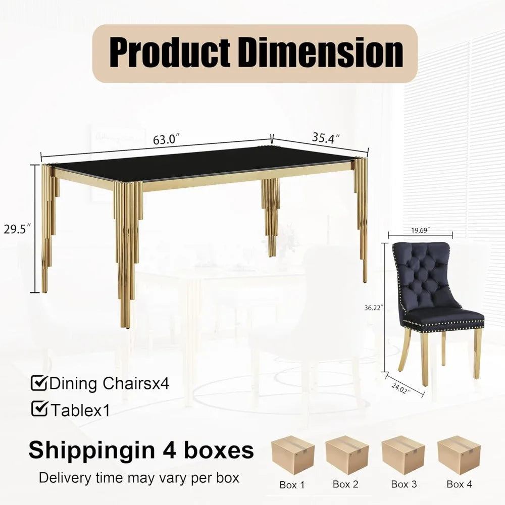 5 Piece Glass Dining Table Set for 4 People, 63" Rectangular Glass Kitchen Table with 4 Velvet Upholstered Chairs, Dining Room