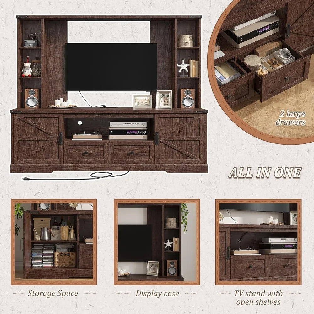 Wall TV Stand with 2 Doors, with LED & Power Outlets