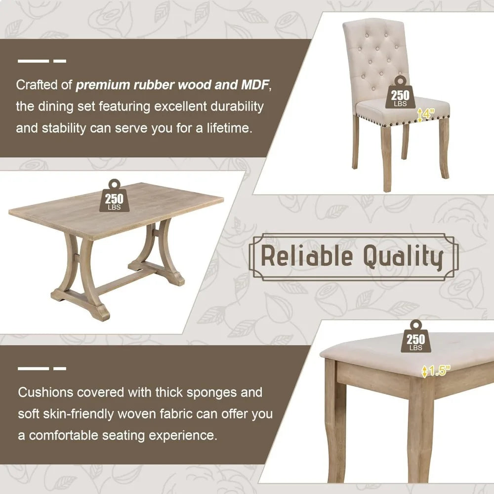 Farmhouse Dining Table Set for 6, Kitchen Table Set with Chairs and Bench, 6 Piece Solid Wood Dining Room Set with Trestle Table