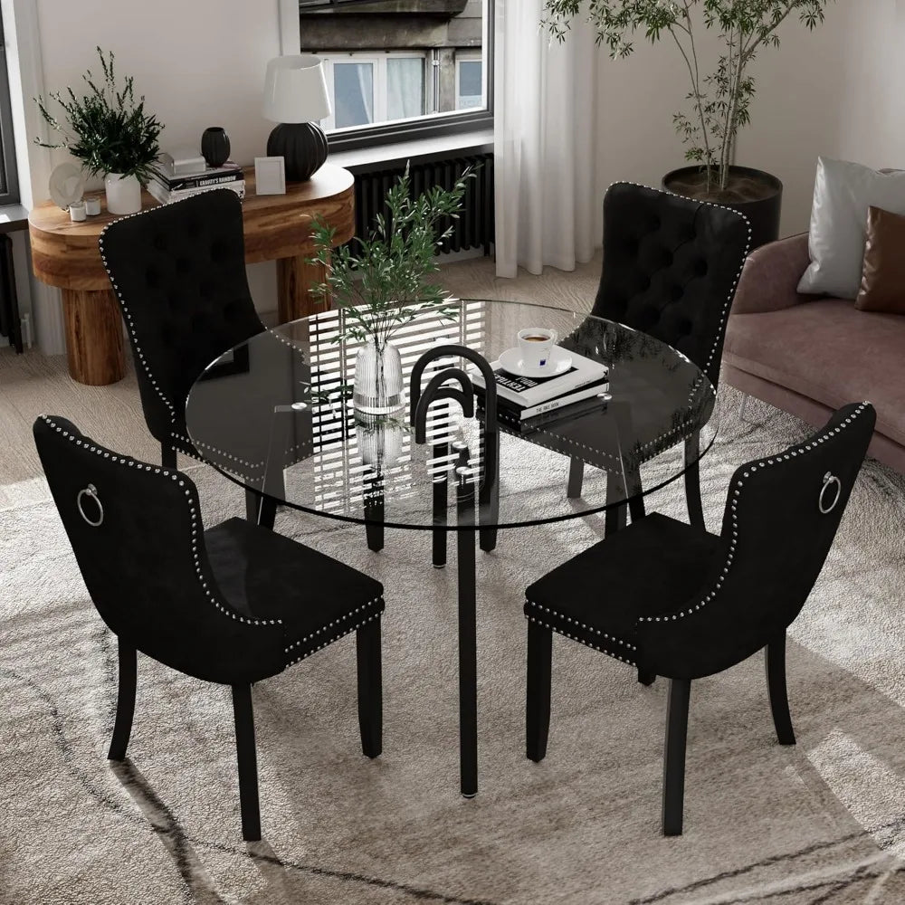 5 Piece Luxury Round Glass Dining Set, Modern Minimalist Circle Kitchen Table Set for 4, 42'' Clear Circular Glass Top Dinner Ro