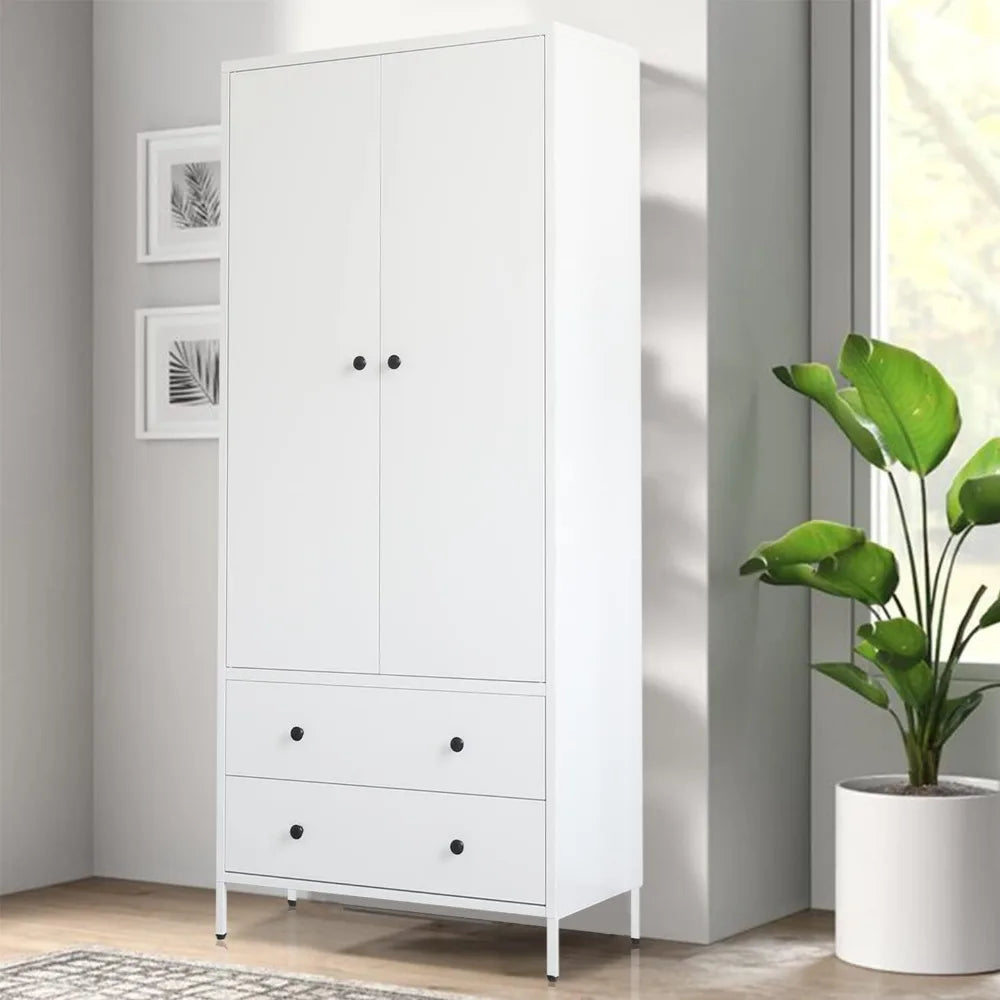 Wardrobe Closet, Metal Armoires with Two Drawers