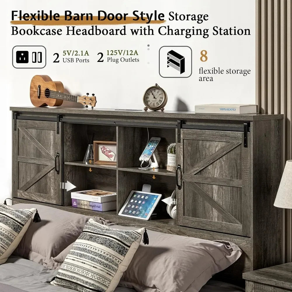 King & Queen Size Bed Frame,Wooden Platform Storage Bed with Bookcase
