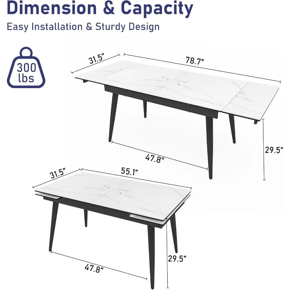 Extendable Dining Table for 4-8, 55"- 78" Rectangular Sintered Stone Dining Room Table, Faux Marble White Kitchen Table for Dini