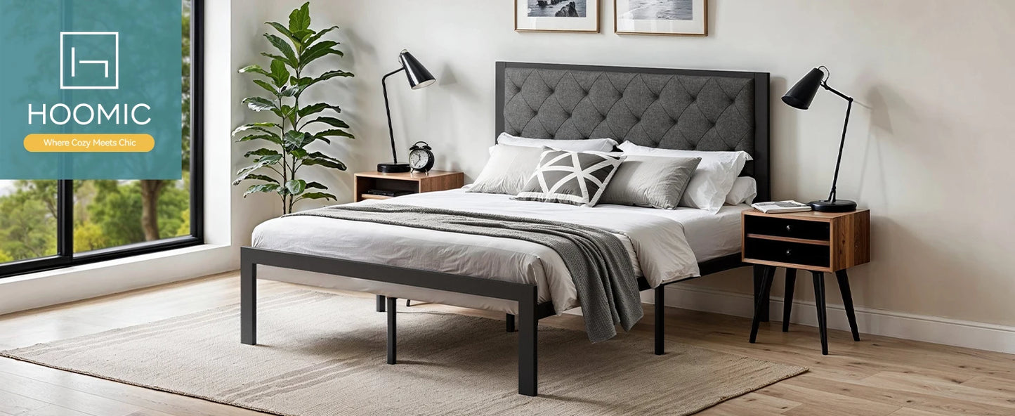 Bed Frame with Upholstered Finely Stitched Headboard - Queen, King, Full and Twin Sizes
