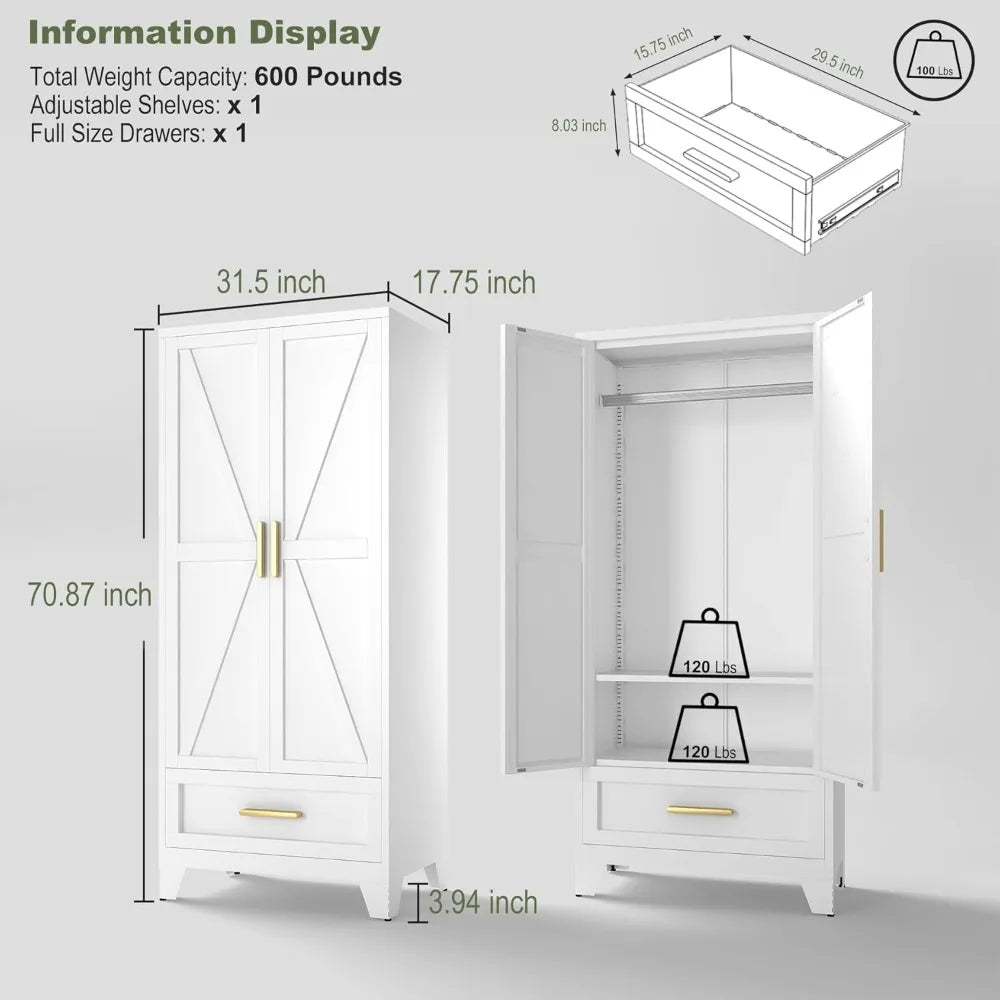 Metal Wardrobe Closet with Hanging Rod & 2 Barn Doors