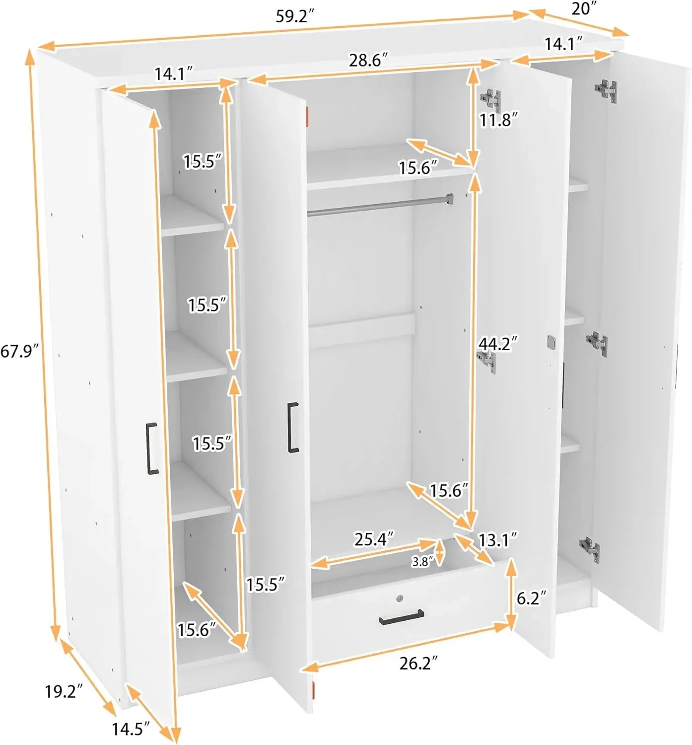 4-Door Wardrobe with Drawers, Shelves and Hanging Rail