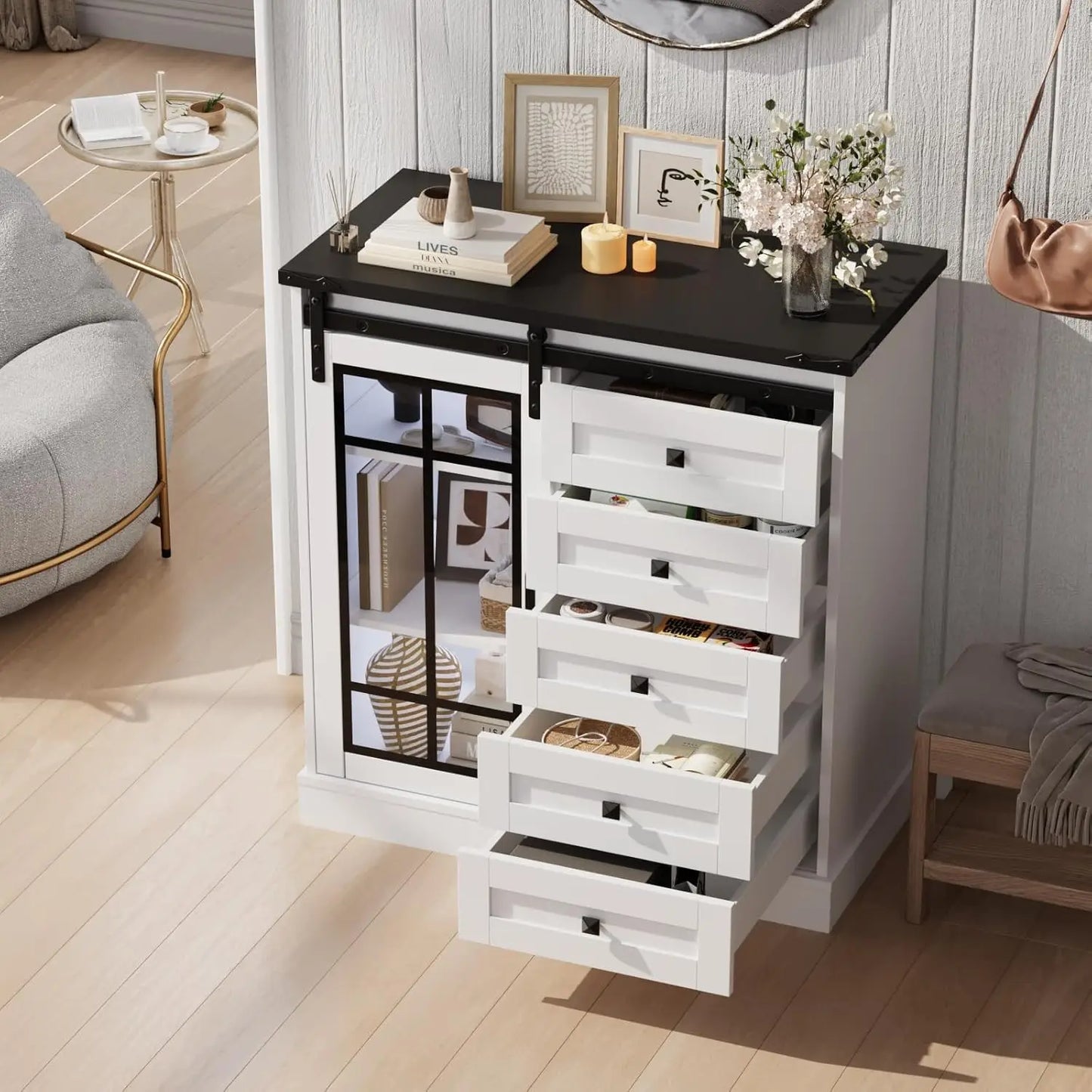 6 Drawer Dresser with Slide Glass Door Chest of Drawers