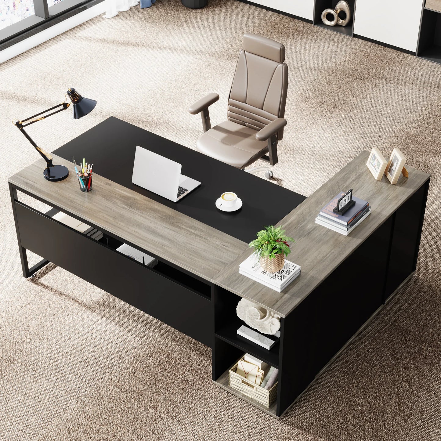 71 inch Executive Desk, L Shaped with Cabinet Storage