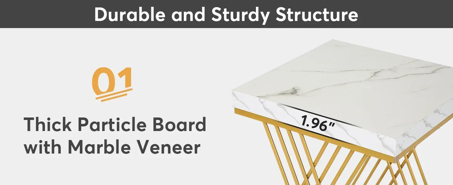 Square End Table White Gold 2-Tier Side Table Modern Small Bedside Table with Storage for Couch ( Faux Marble White+Gold)