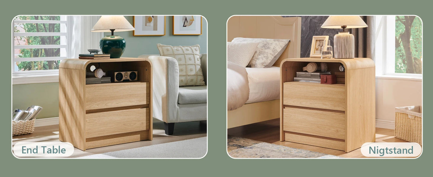 25" Tall Modern Nightstand with Charging Station, 23.6'' Wide Wood Bedside Table w/2 Storage Drawers,for Bedroom, Living Room