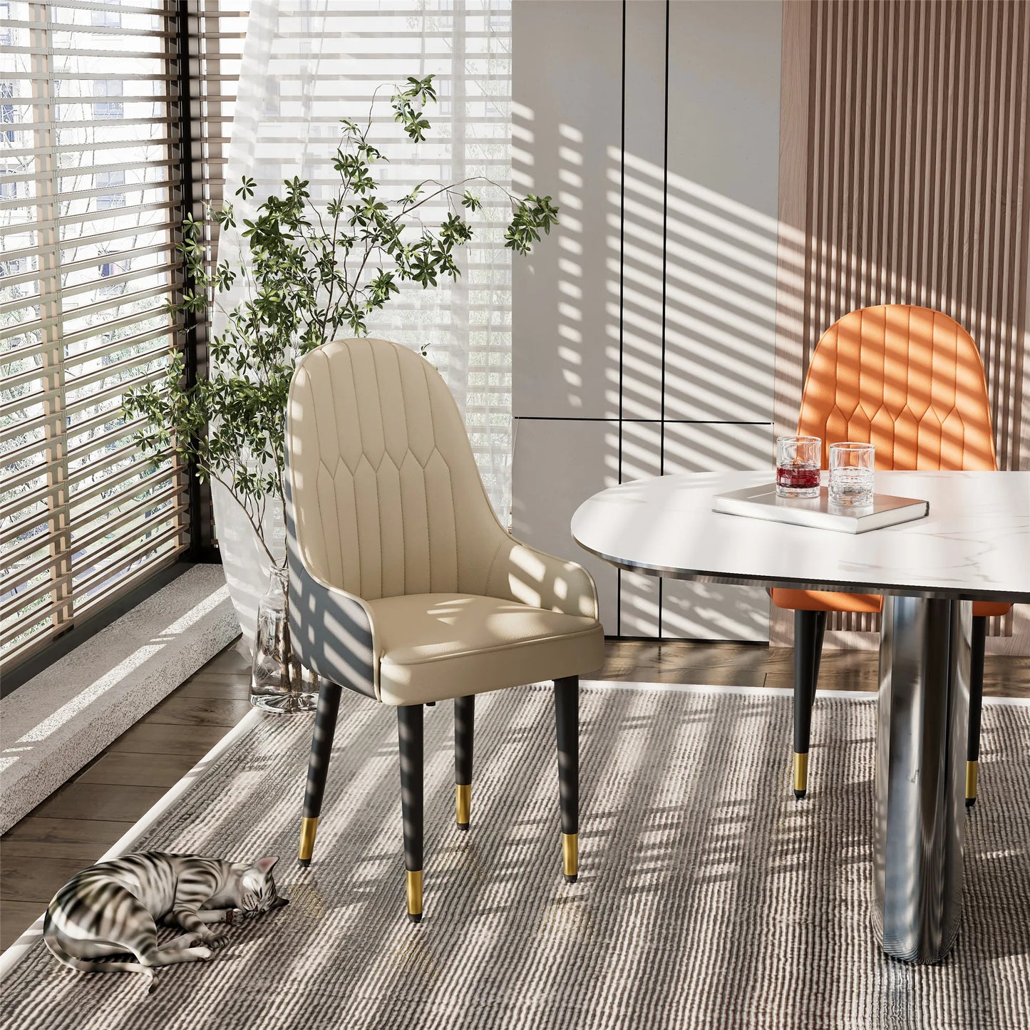 Faux Leather Dining Chair Set of 2, with Solid Wood Legs