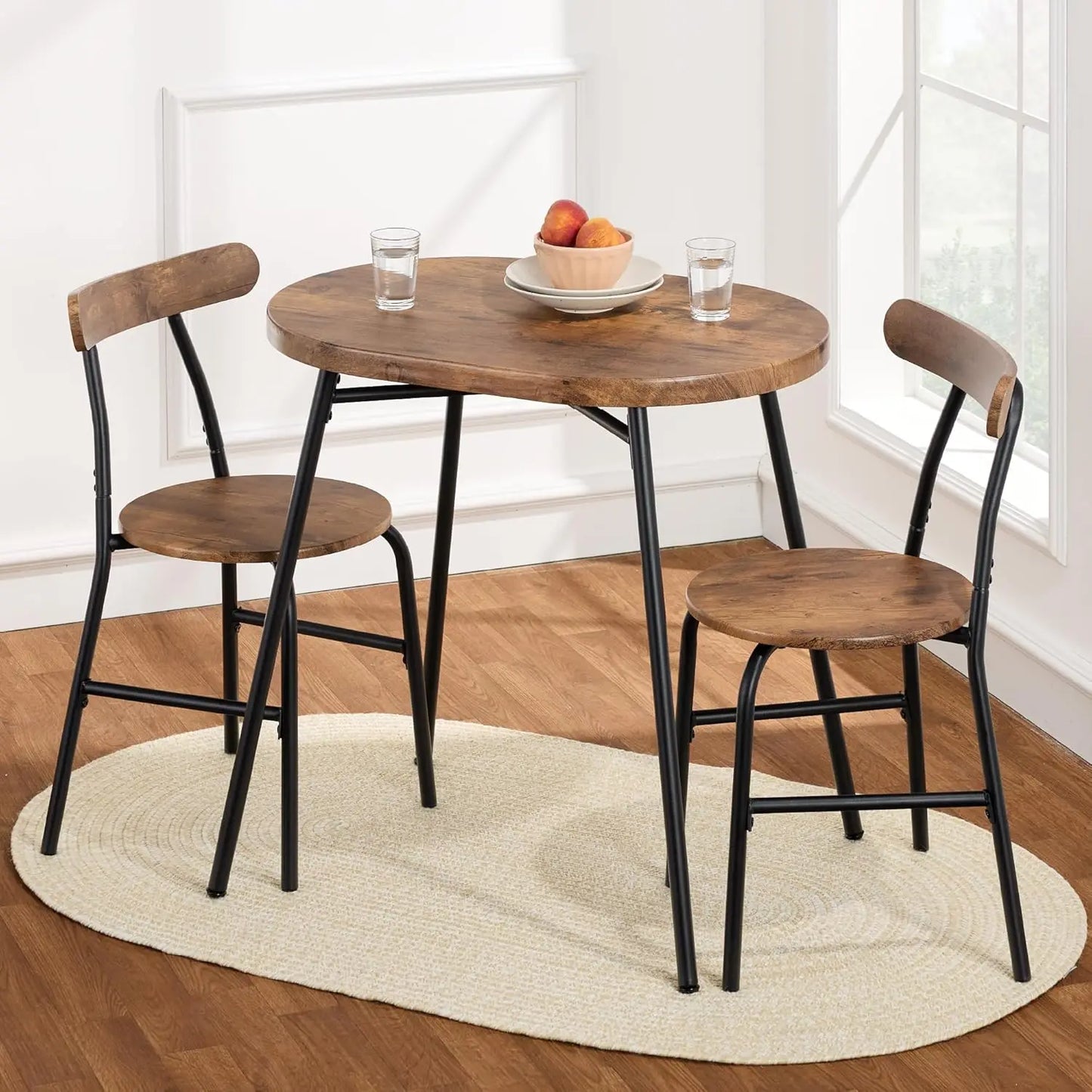 3-Piece Modern Oval Dining Table Set, Small Kitchen Dinette w/ 2 Chairs, Metal Frame, Curved Backrests