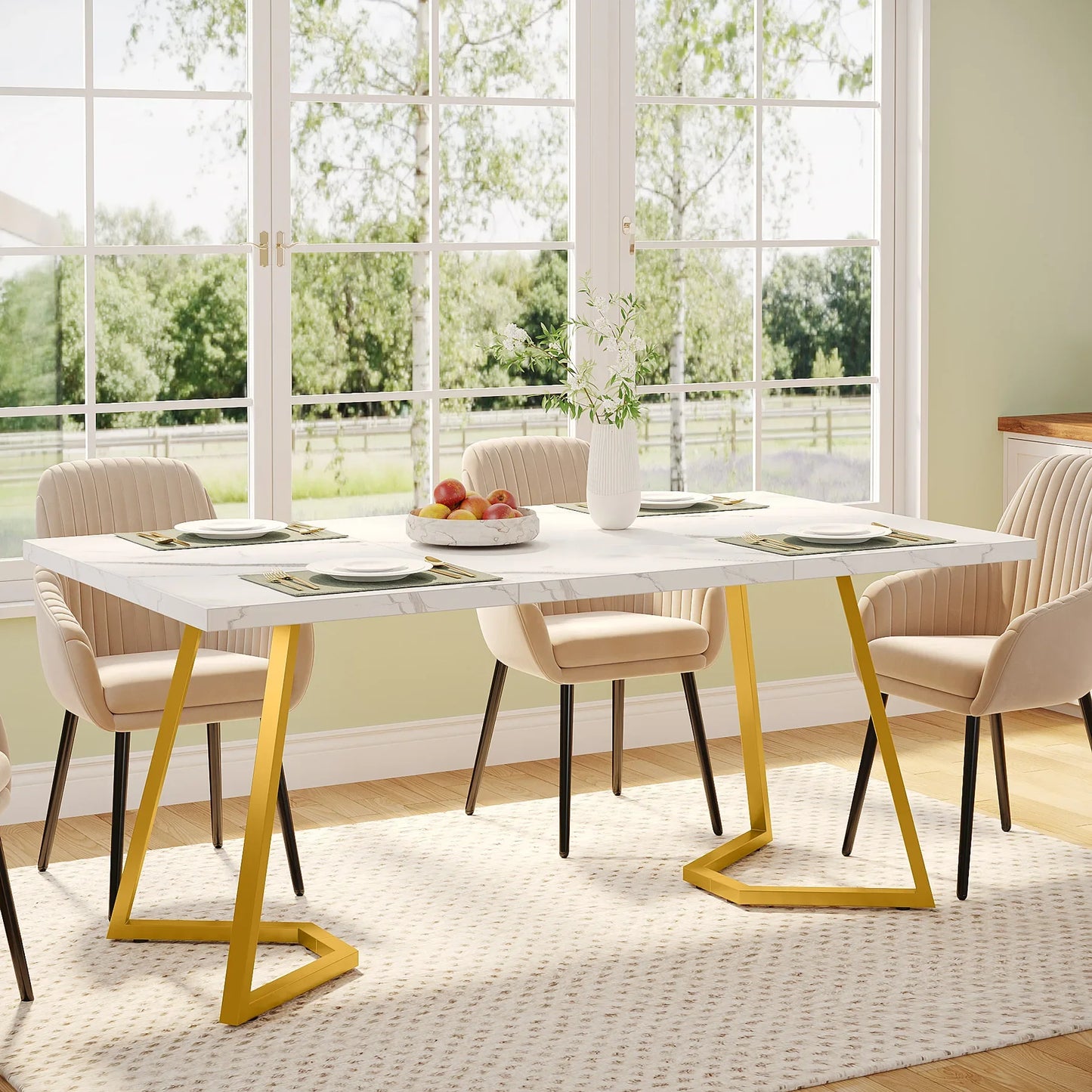 Tribesigns Gold Dining Dinner Table: 55 Inches Modern White Dining Room Table with Golden Legs, Faux Marble Kitchen Table for 6