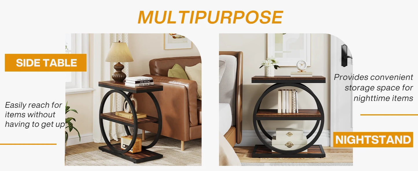 Tribesigns End Table, Narrow End Table with 3 Storage Shelves, Wooden Side Table, Industrial Small Sofa Side Table