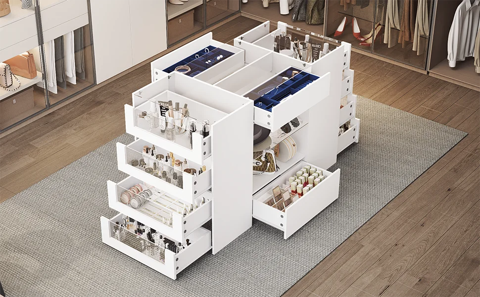 Glass Display Shelf & 12 Drawers, White Dresser with Glass Top