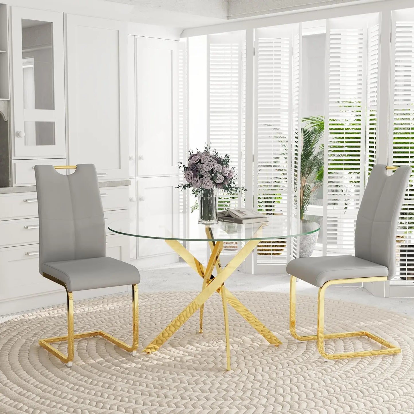 5-Piece Round Dining Table Set for 4, 47" Small Circle Tempered Glass Kitchen Table Set with Chrome Silver Leg, Upholstered