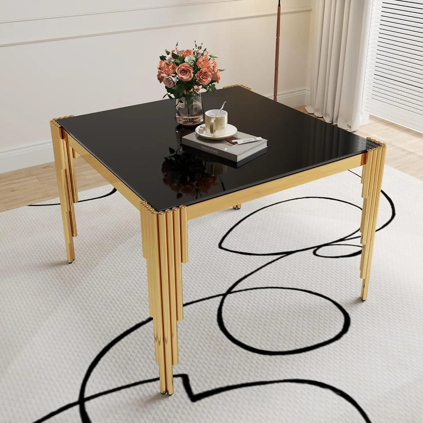 5 Piece Glass Dining Table Set for 4 People, 63" Rectangular Glass Kitchen Table with 4 Velvet Upholstered Chairs, Dining Room