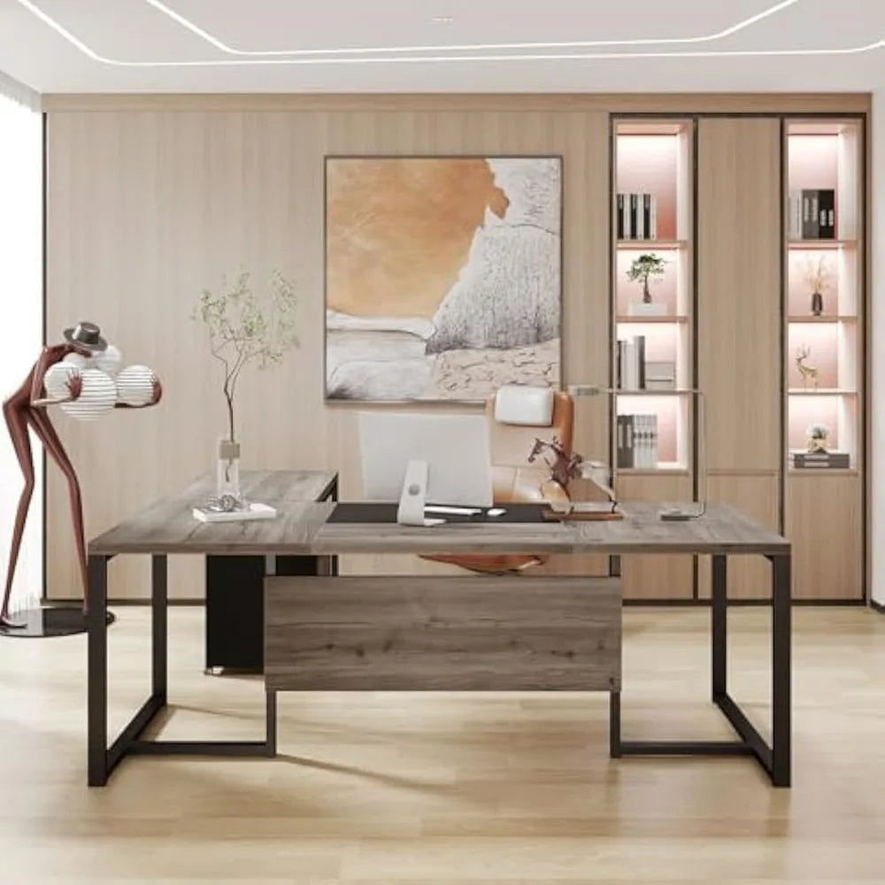 70.8" L-Shaped Executive Desk with Drawer Cabinet