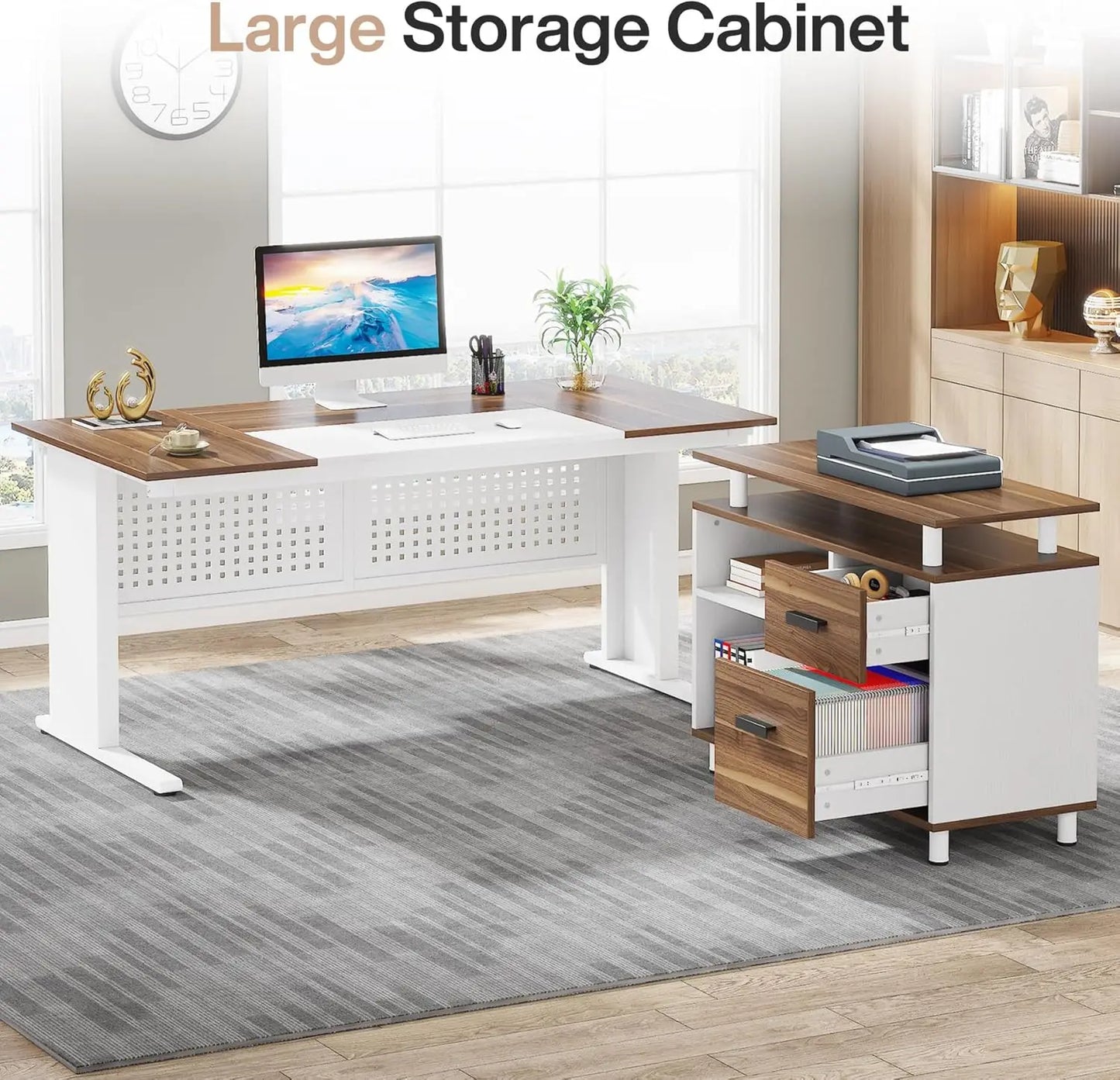 63 Inch L shaped Desk - File Cabinet, Drawers and Shelves