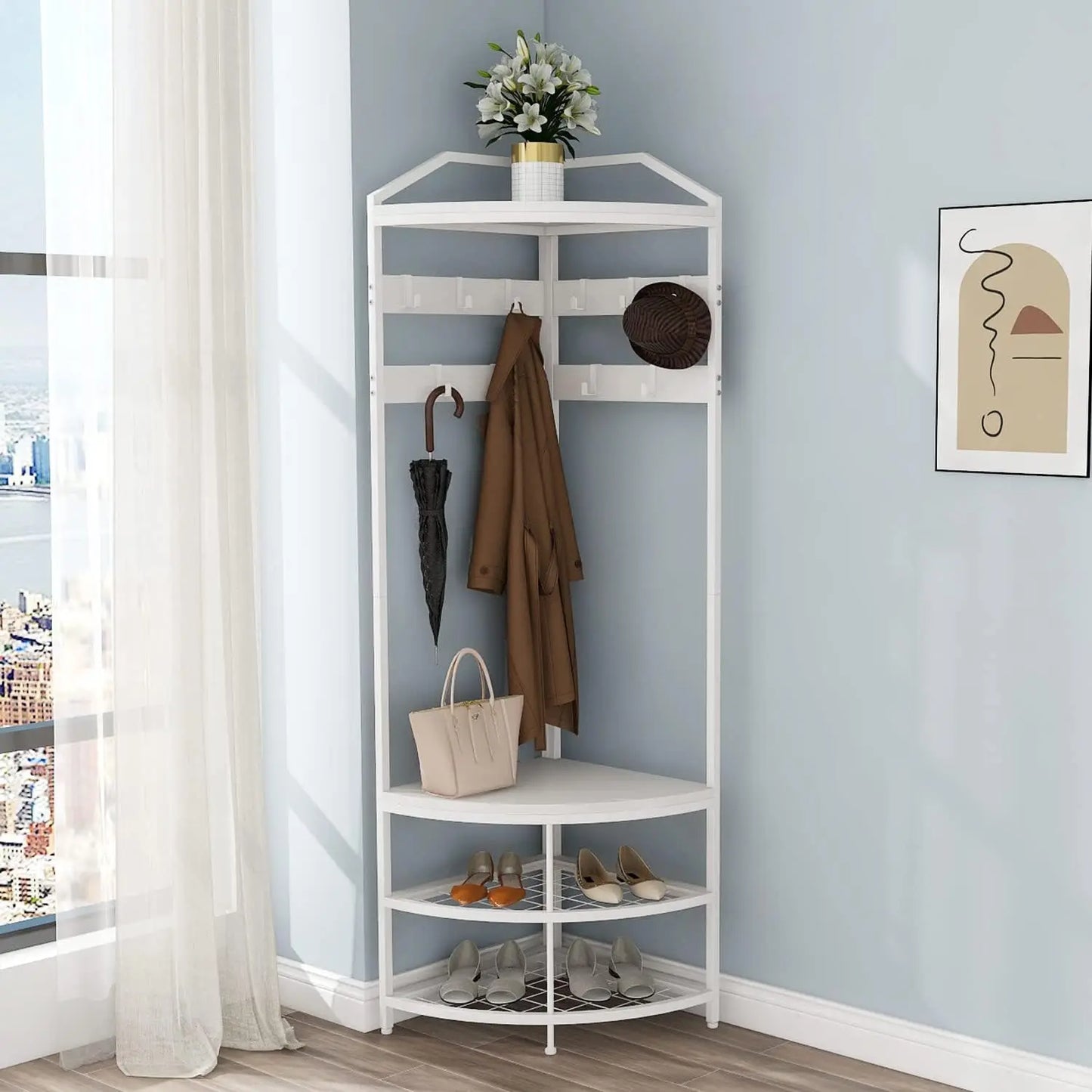 Entryway Coat Rack with Shoes Shelf Organizer