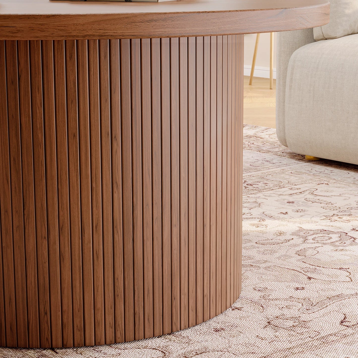 31.5" Round Coffee Table,Tambour Design Coffee Tables,Mid Century Modern Wood Coffee Table,Drum Accent Small Center Table,Walnut