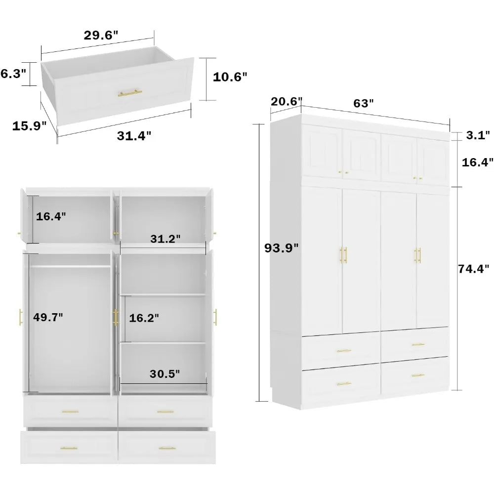 4 Door Wardrobe Closet with Drawers & Shelves