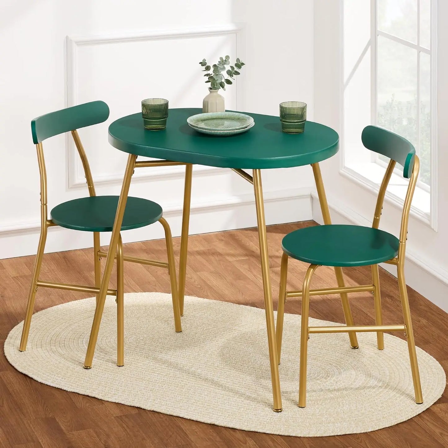 3-Piece Modern Oval Dining Table Set, Small Kitchen Dinette w/ 2 Chairs, Metal Frame, Curved Backrests