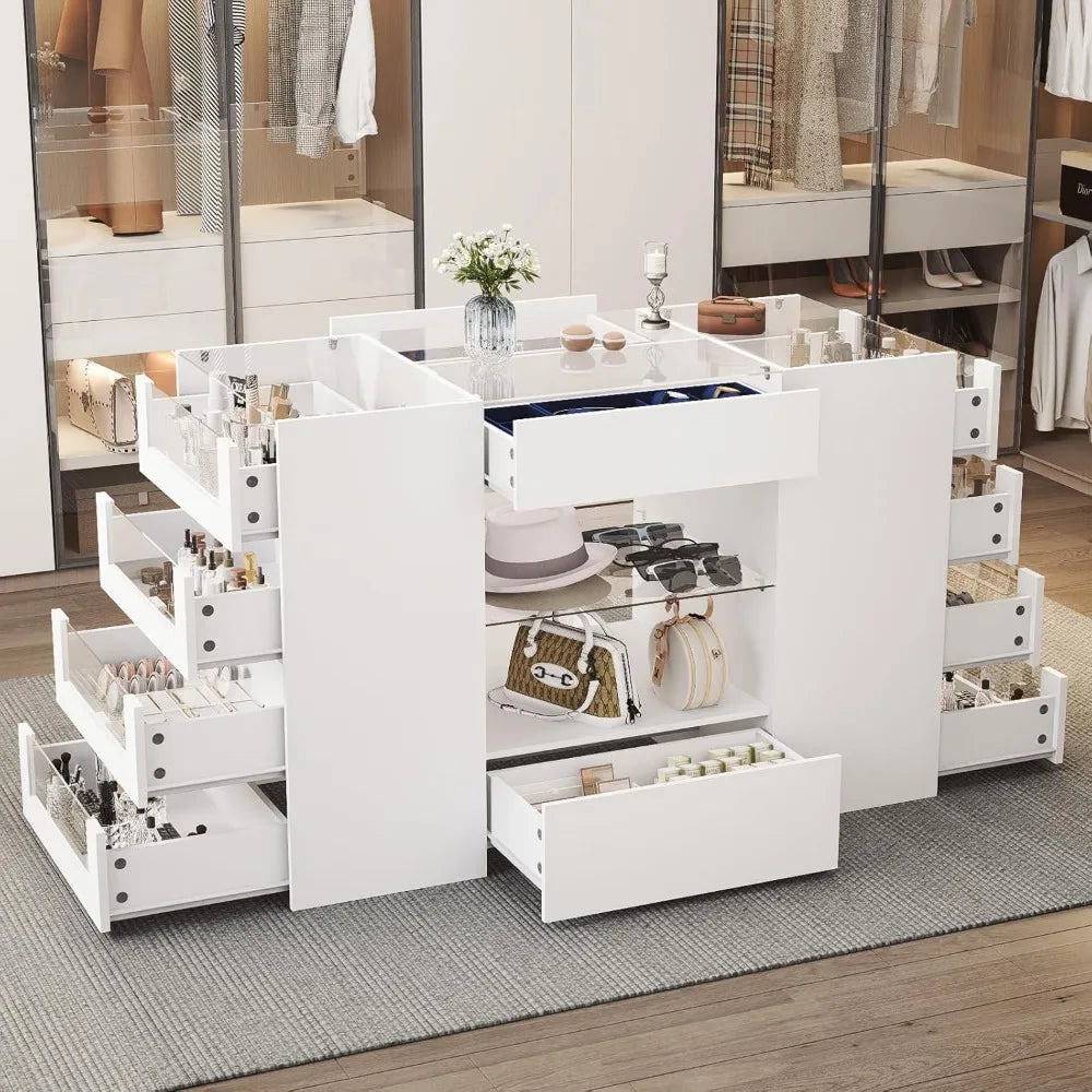 Glass Display Shelf & 12 Drawers, White Dresser with Glass Top