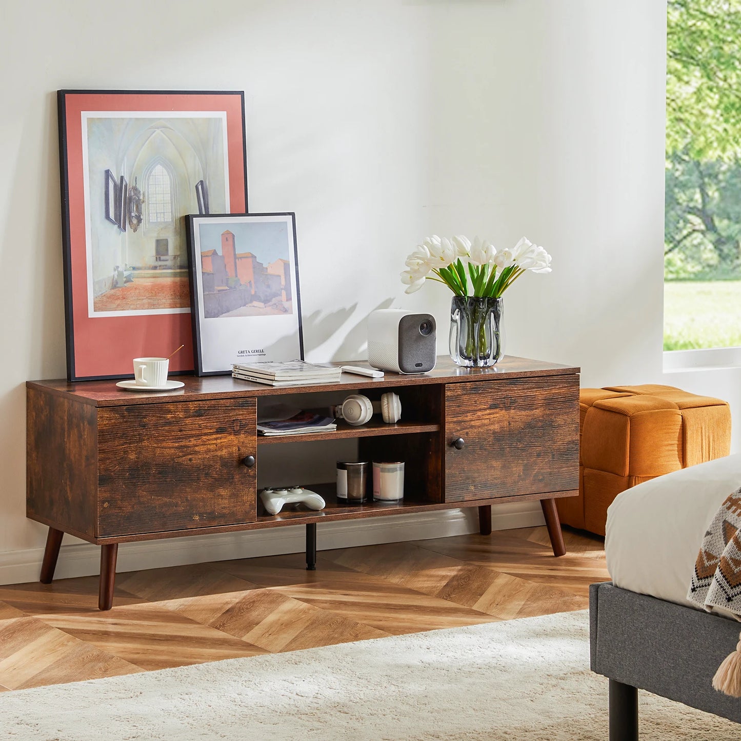 Fireplace TV Stand For Up To 60 Inch with Shelf 2 Storage