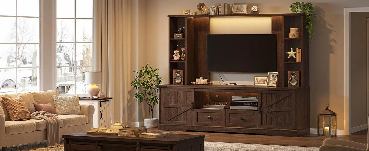 Wall TV Stand with 2 Doors, with LED & Power Outlets