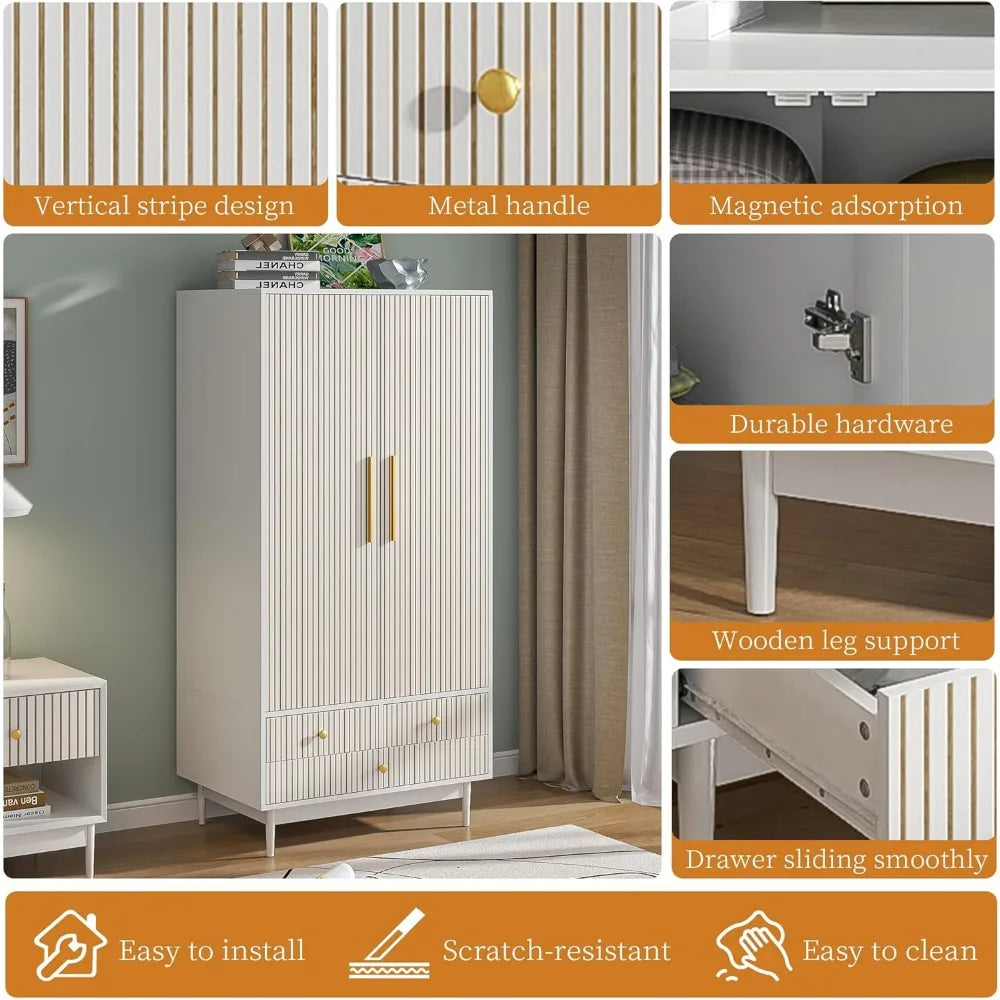 Wardrobe Closet with Drawers and 2 Fluted Doors