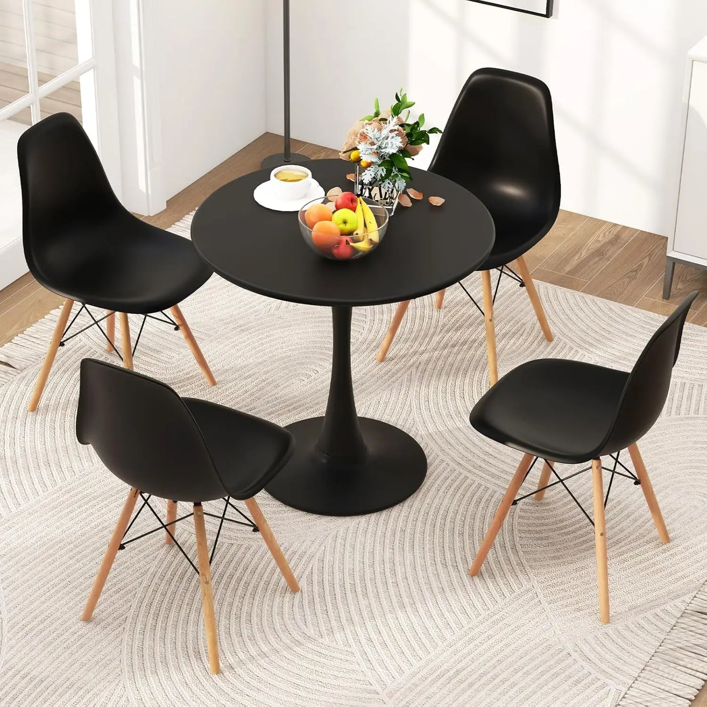 Round Dining Table Set for 4, Kitchen Table Set with Padded Seat & Solid Wood Legs, Round Kitchen Table and Chairs